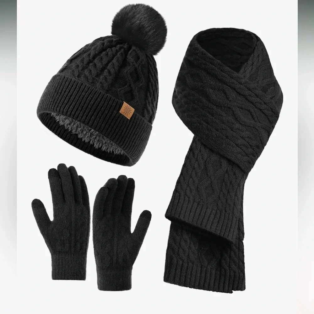 🆕 Winter Beanie Hat Scarf Gloves Touchscreen Gloves Long Neck Scarf Set w/Fleece